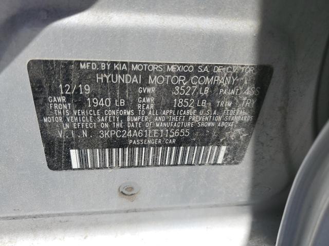 3KPC24A61LE115655 - 2020 HYUNDAI ACCENT SE SILVER photo 12