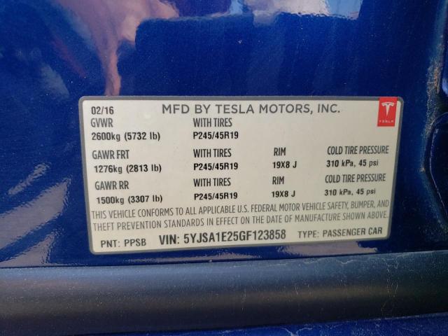 5YJSA1E25GF123858 - 2016 TESLA MODEL S Կապույտ լուսանկար 13
