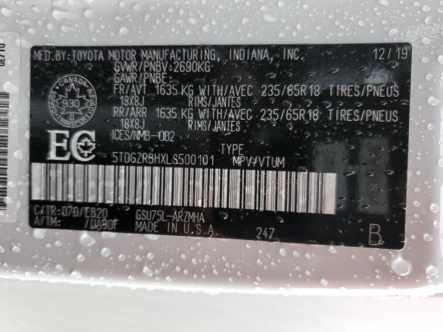 5TDGZRBHXLS500101 - 2020 TOYOTA HIGHLANDER XLE WHITE photo 13