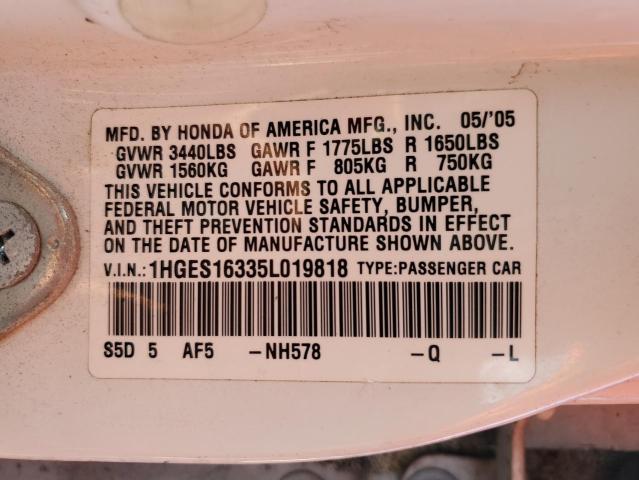 1HGES16335L019818 - 2005 HONDA CIVIC DX VP თეთრი ფოტო 12