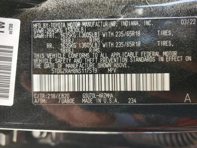 5TDGZRAH8NS117519 - 2022 TOYOTA HIGHLANDER XLE Սև լուսանկար 14