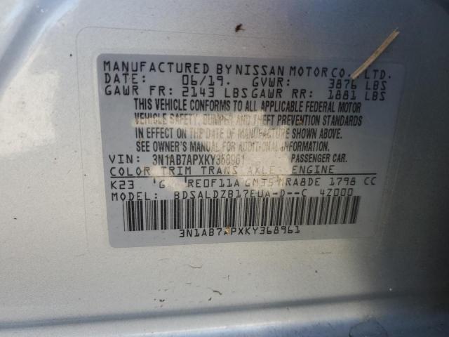 3N1AB7APXKY368961 - 2019 NISSAN SENTRA S SILVER photo 12