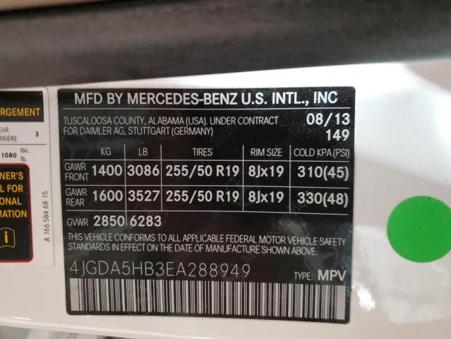 4JGDA5HB3EA288949 - 2014 MERCEDES-BENZ ML 350 4MATIC WHITE photo 13