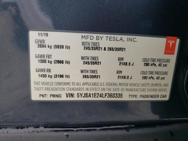 5YJSA1E24LF360335 - 2020 TESLA MODEL S GRAY photo 12