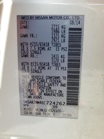 5N1AR2MM4EC724262 - 2014 NISSAN PATHFINDER S WHITE photo 12