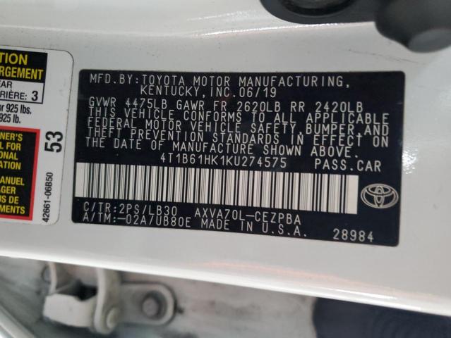 4T1B61HK1KU274575 - 2019 TOYOTA CAMRY XSE WHITE photo 12