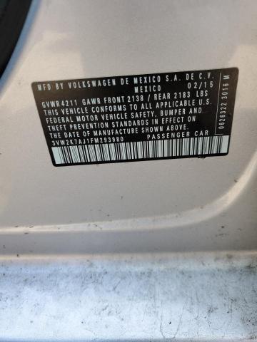 3VW2K7AJ1FM293980 - 2015 VOLKSWAGEN JETTA BASE 银色 照片 12