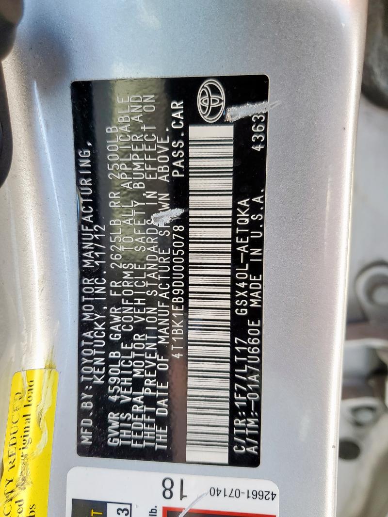4T1BK1EB9DU005078 - 2013 TOYOTA AVALON BASE SILVER photo 12