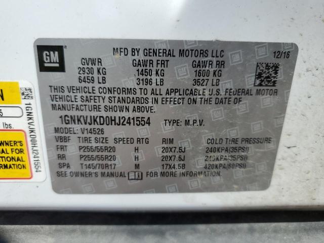 1GNKVJKD0HJ241554 - 2017 CHEVROLET TRAVERSE PREMIER WHITE photo 10