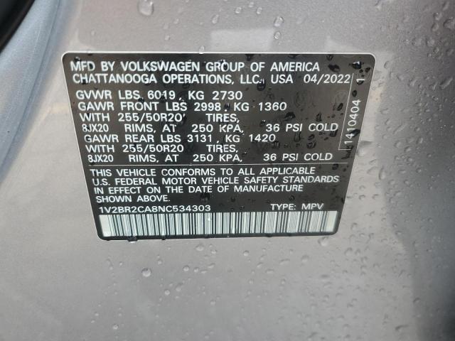 1V2BR2CA8NC534303 - 2022 VOLKSWAGEN ATLAS SEL SILVER photo 13