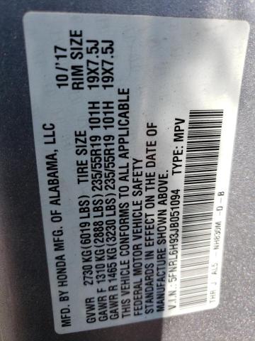 5FNRL6H93JB051094 - 2018 HONDA ODYSSEY ELITE Plata foto 13