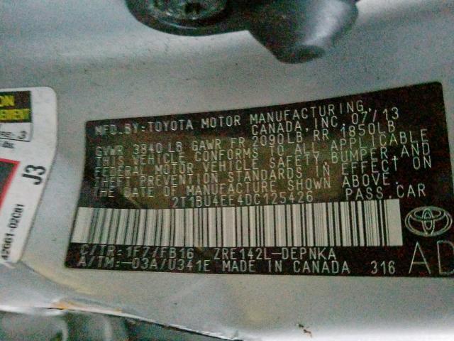 2T1BU4EE4DC125426 - 2013 TOYOTA COROLLA BASE  photo 10