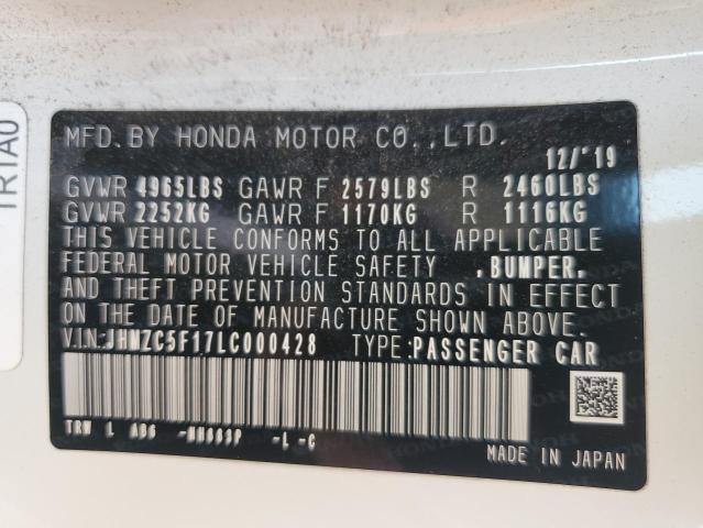 JHMZC5F17LC000428 - 2020 HONDA CLARITY WHITE photo 12