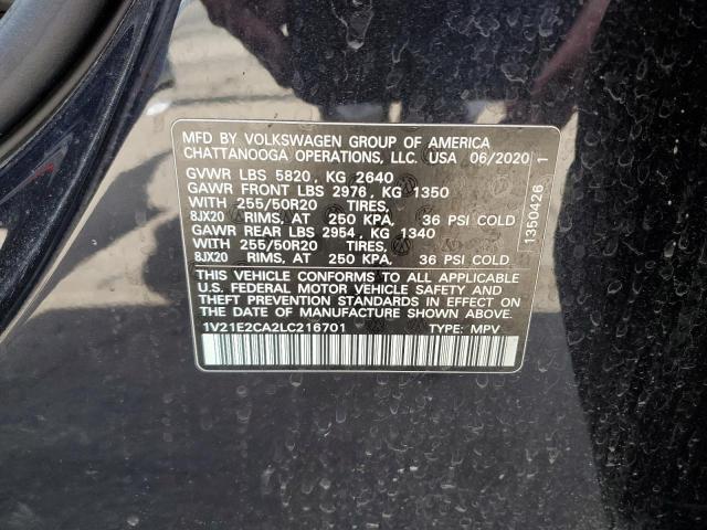 1V21E2CA2LC216701 - 2020 VOLKSWAGEN ATLAS CROS SE შავი ფოტო 12