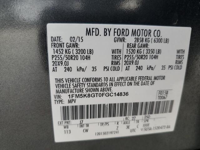 1FM5K8GT0FGC14836 - 2015 FORD EXPLORER SPORT GRAY photo 14