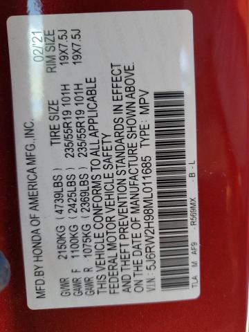 5J6RW2H98ML011685 - 2021 HONDA CR-V TOURING RED photo 10