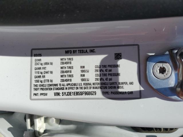 5YJ3E1EB5SF968629 - 2025 TESLA MODEL 3 أبيض صورة 13