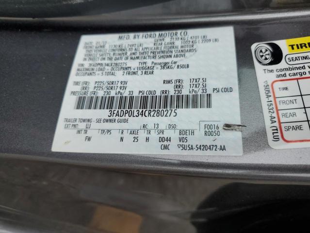 3FADP0L34CR280275 - 2012 FORD FUSION HYBRID GRAY photo 12