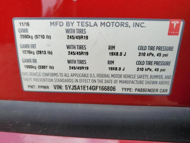 5YJSA1E14GF166806 - 2016 TESLA MODEL S Կարմիր լուսանկար 13