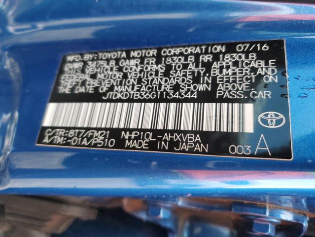 JTDKDTB36G1134344 - 2016 TOYOTA PRIUS C BLUE photo 12