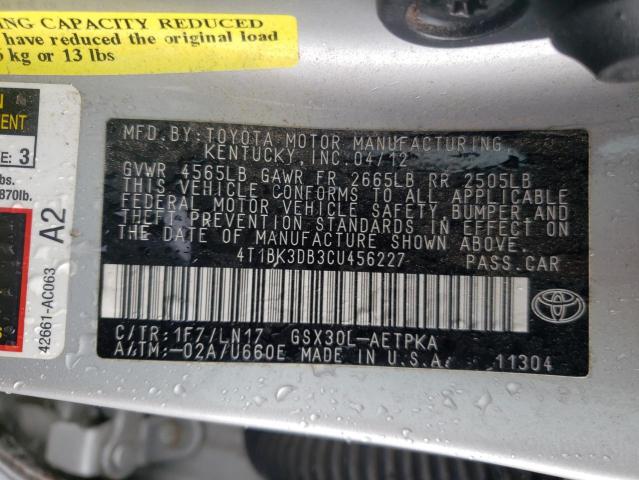 4T1BK3DB3CU456227 - 2012 TOYOTA AVALON BASE 银色 照片 12