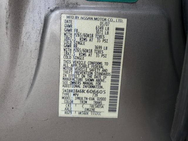 5N1BR18A68C606605 - 2008 NISSAN PATHFINDER LE TAN photo 12
