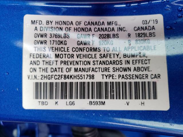 2HGFC2F84KH551798 - 2019 HONDA CIVIC SPORT BLUE photo 12