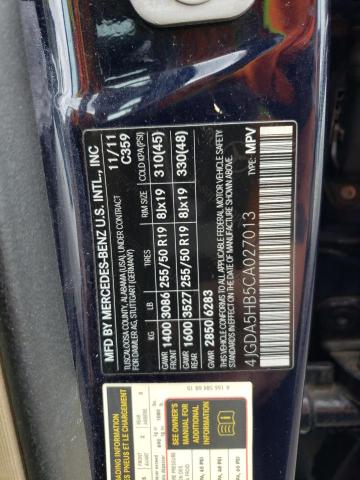 4JGDA5HB5CA027013 - 2012 MERCEDES-BENZ ML 350 4MATIC BLUE photo 13