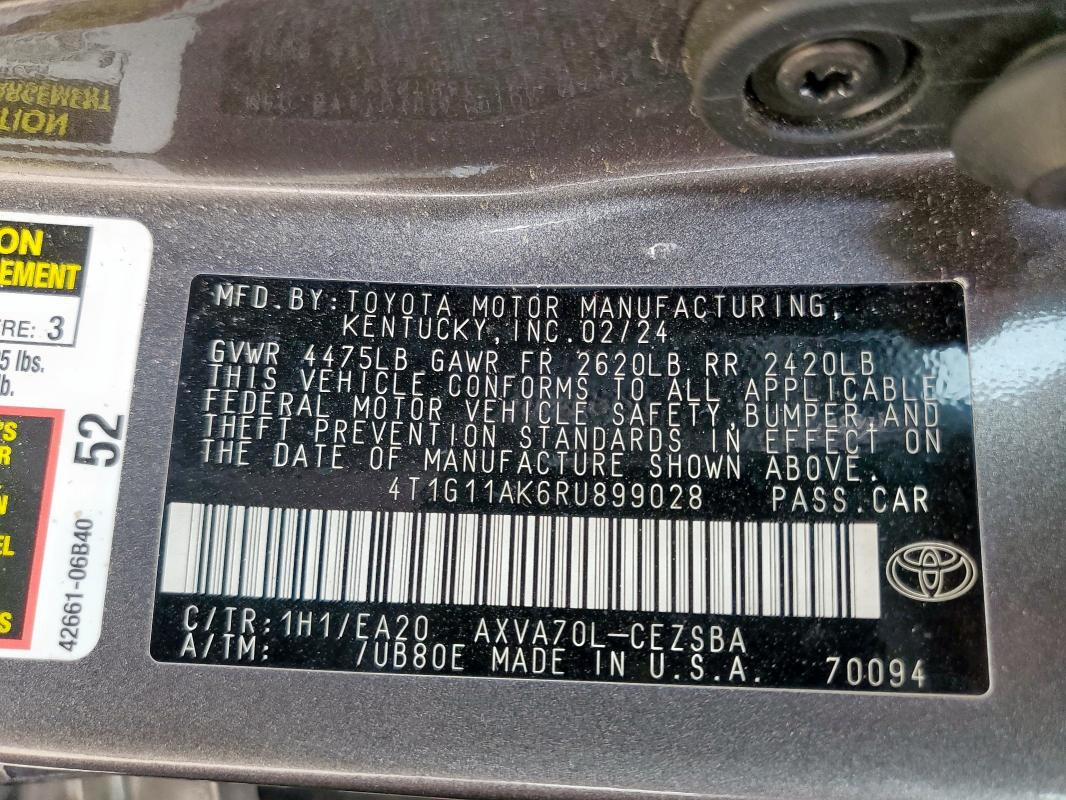 4T1G11AK6RU899028 - 2024 TOYOTA CAMRY SE NIGHT SHADE GRAY photo 12