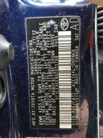 2T1LE4EE8DC022768 - 2013 TOYOTA COROLLA MA S BLUE photo 12