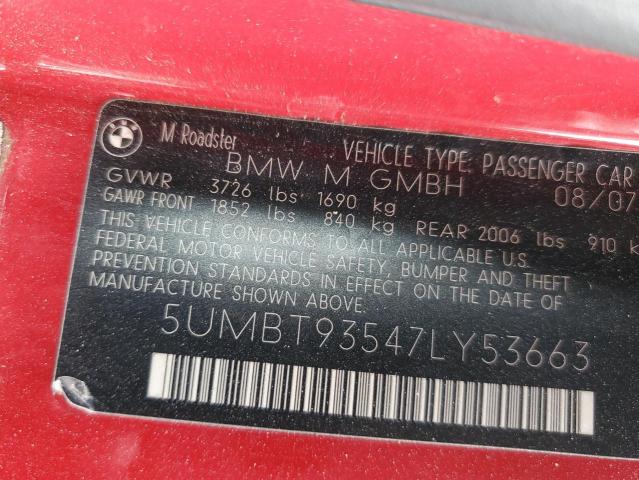 5UMBT93547LY53663 - 2007 BMW M ROADSTER RED photo 12