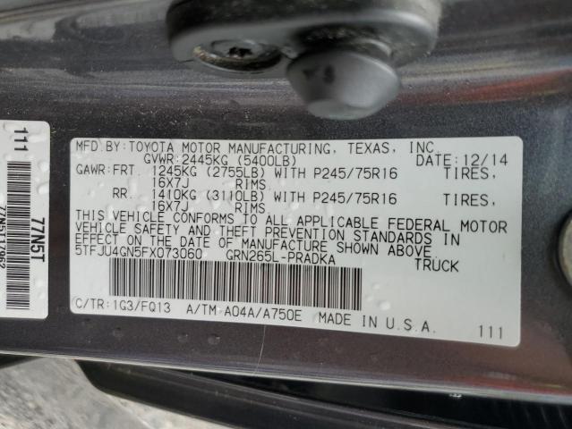 5TFJU4GN5FX073060 - 2015 TOYOTA TACOMA DOUBLE CAB PRERUNNER GRAY photo 12
