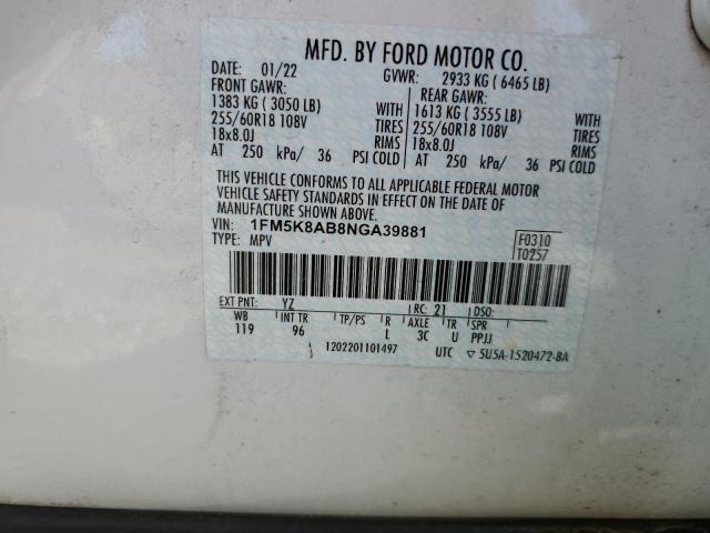 1FM5K8AB8NGA39881 - 2022 FORD EXPLORER POLICE INTERCEPTOR 白色 照片 12