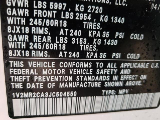 1V2MR2CA3JC504550 - 2018 VOLKSWAGEN ATLAS SEL WHITE photo 10