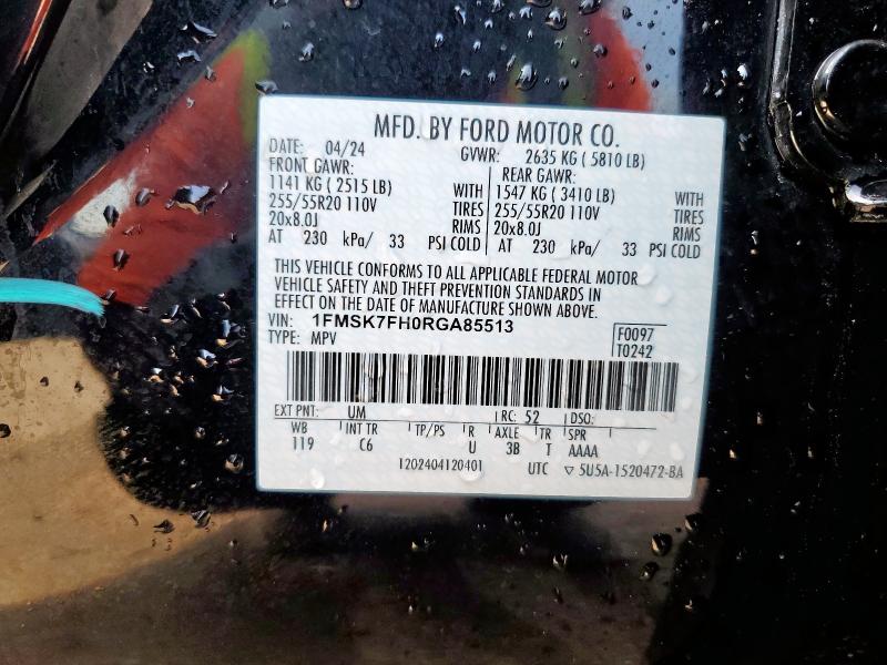 1FMSK7FH0RGA85513 - 2024 FORD EXPLORER LIMITED 黑色 照片 13