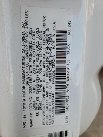 5TETX22N16Z262440 - 2006 TOYOTA TACOMA ACCESS CAB თეთრი ფოტო 12