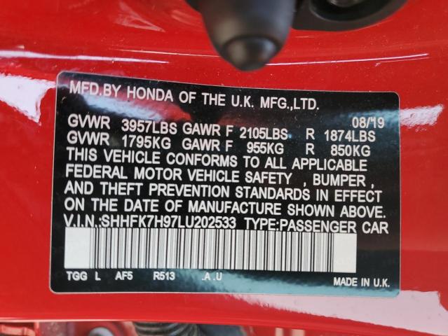 SHHFK7H97LU202533 - 2020 HONDA CIVIC SPORT TOURING RED photo 12