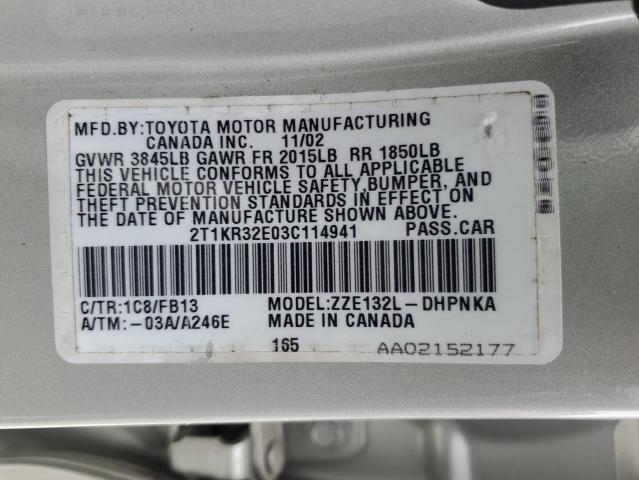 2T1KR32E03C114941 - 2003 TOYOTA COROLLA MA XR SILVER photo 13