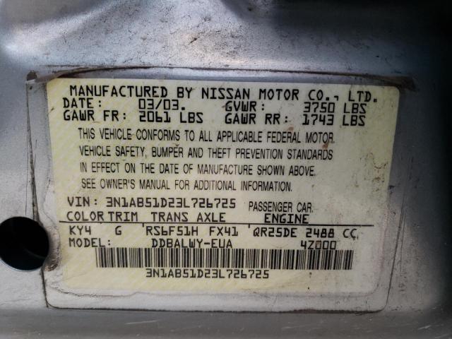 3N1AB51D23L726725 - 2003 NISSAN SENTRA SE-R SPEC V SILVER photo 13