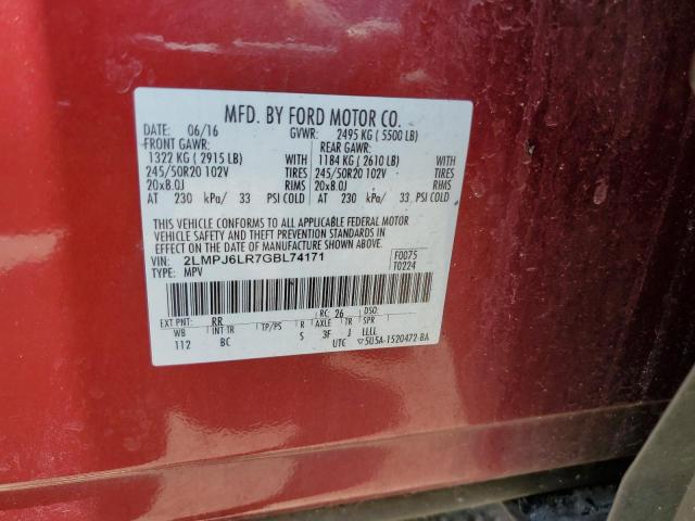 2LMPJ6LR7GBL74171 - 2016 LINCOLN MKX RESERVE წითელი ფოტო 13