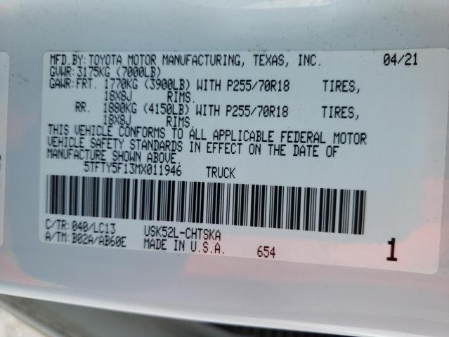 5TFTY5F13MX011946 - 2021 TOYOTA TUNDRA DOUBLE CAB SR/SR5 WHITE photo 12