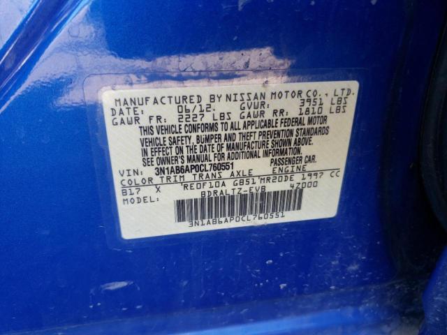 3N1AB6AP0CL760551 - 2012 NISSAN SENTRA 2.0 BLUE photo 12