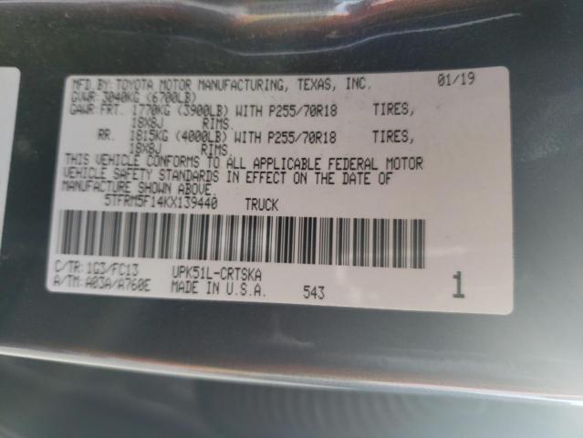 5TFRM5F14KX139440 - 2019 TOYOTA TUNDRA DOUBLE CAB SR/SR5 CHARCOAL photo 12