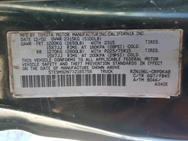 5TESM92N73Z185758 - 2003 TOYOTA TACOMA XTRACAB PRERUNNER მწვანე ფოტო 13