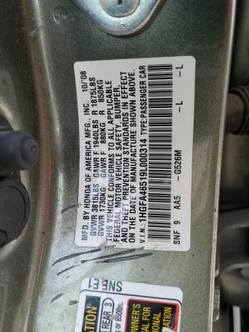 1HGFA46519L000314 - 2009 HONDA CIVIC GX GREEN photo 13