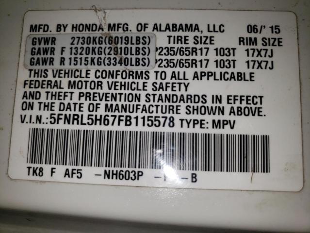 5FNRL5H67FB115578 - 2015 HONDA ODYSSEY EXL 白色 照片 13