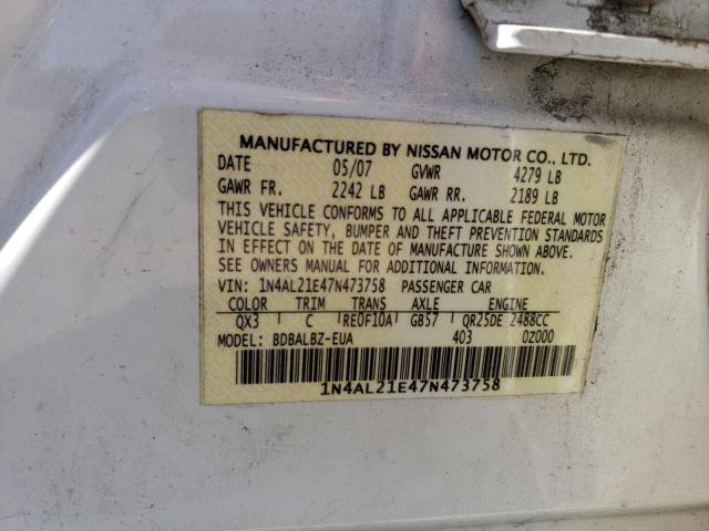 1N4AL21E47N473758 - 2007 NISSAN ALTIMA 2.5 WHITE photo 12