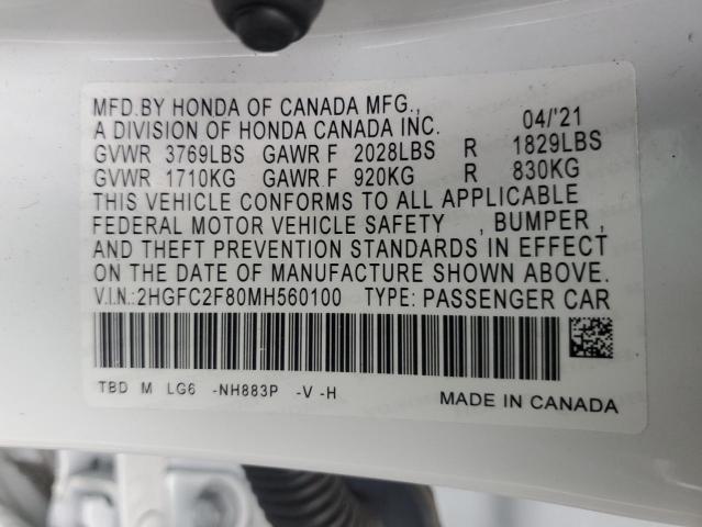 2HGFC2F80MH560100 - 2021 HONDA CIVIC SPORT WHITE photo 13