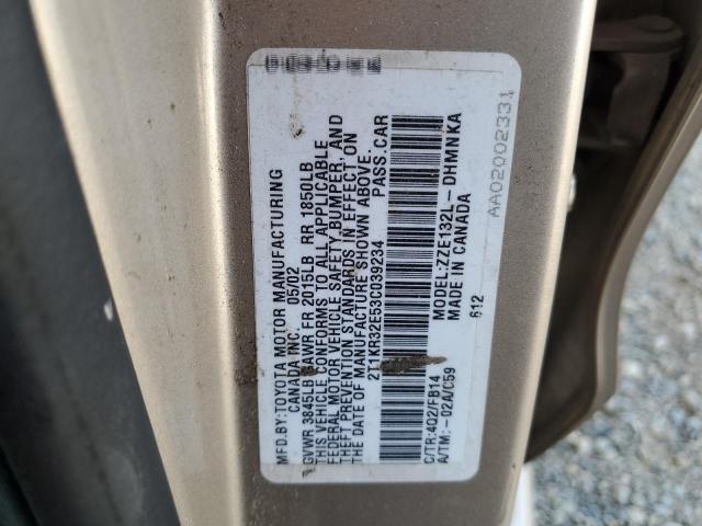 2T1KR32E53C039234 - 2003 TOYOTA COROLLA MA XR TAN photo 12