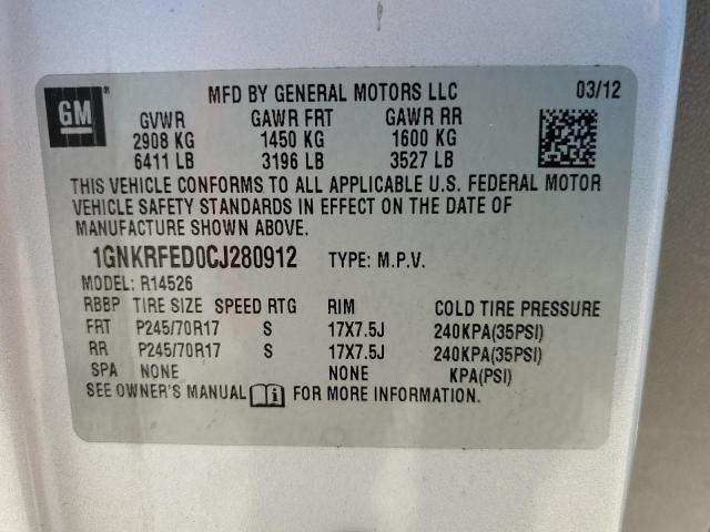 1GNKRFED0CJ280912 - 2012 CHEVROLET TRAVERSE LS SILVER photo 12